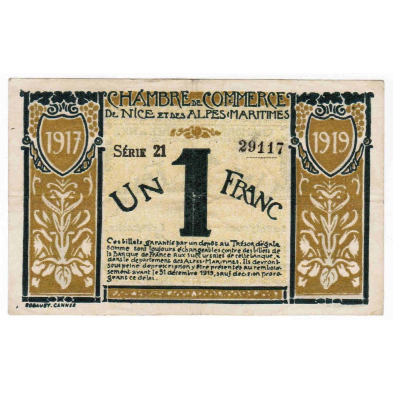 06 - NICE - CHAMBRE DE COMMERCE - 1 FRANC - 19 AVRIL 1917