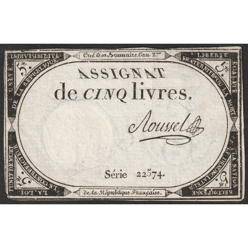 ASSIGNAT OF 5 LIVRES - 10 BRUMAIRE JAHR 2 - 31/10/1793 - SÉRIE 22574