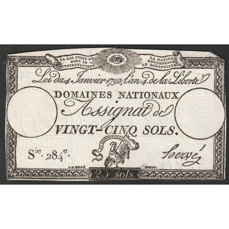 ASSIGNAT ÜBER 25 SOLS - 04/01/1792 - NATIONALE DOMÄNEN