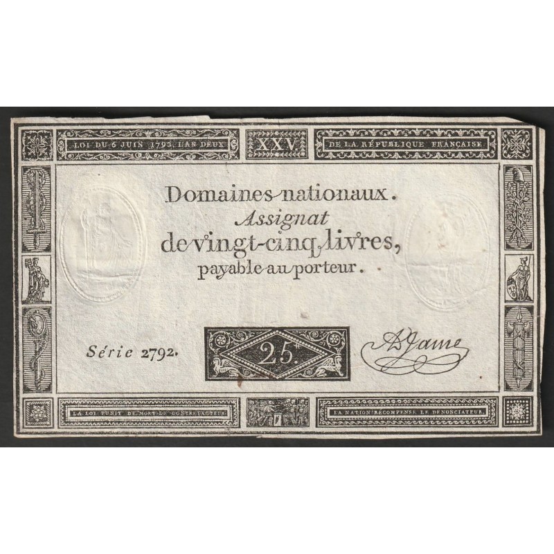 ASSIGNAT OF 25 LIVRES - 06/06/1793 - NATIONAL DOMAINS - 2792 SERIES