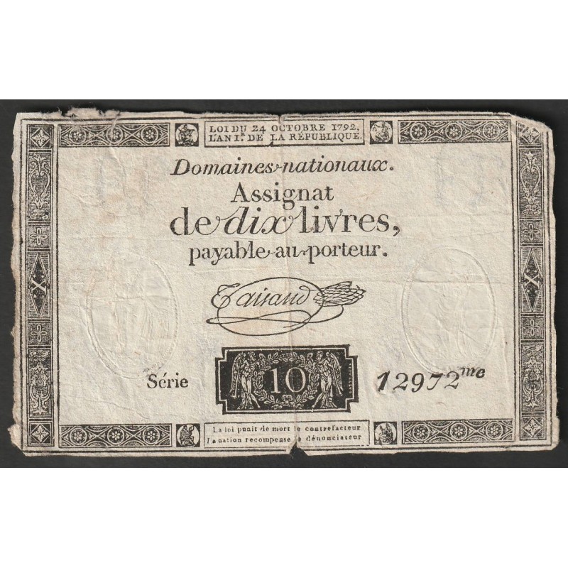 ASSIGNAT OF 10 LIVRES - 24/10/1792 - NATIONAL DOMAINS - 12972 SERIES