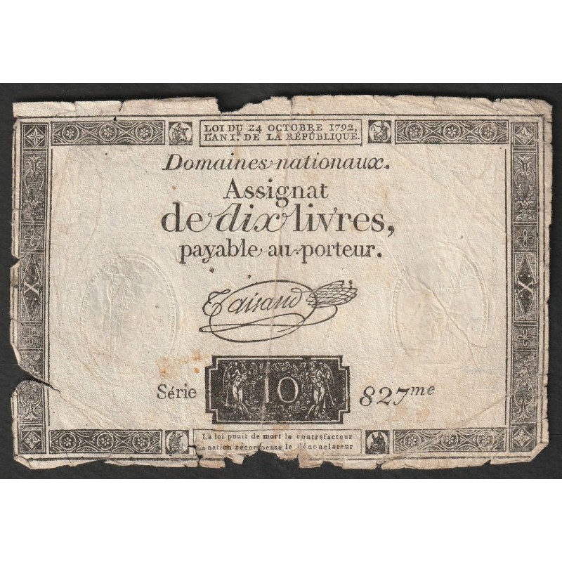 ASSIGNAT DE 10 LIVRES - 24/10/1792 - DOMAINES NATIONAUX - SERIE 827