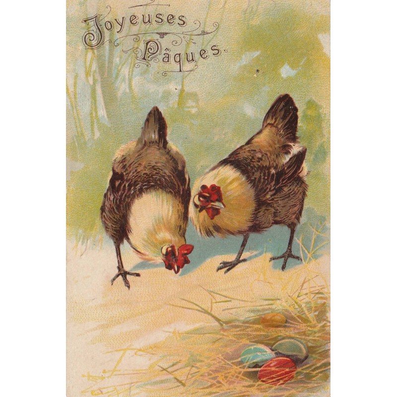 CARTE POSTALE VINTAGE - JOYEUSES PAQUES - POULES - OEUFS