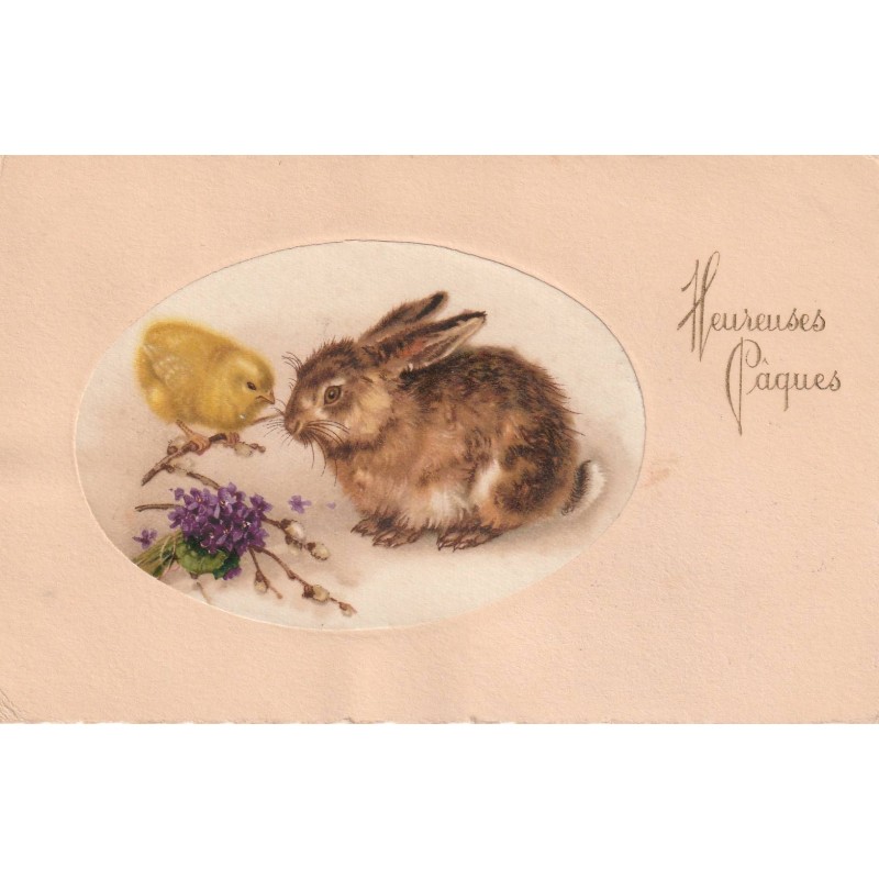 CARTE POSTALE VINTAGE - HEUREUSES PAQUES - LAPIN - POUSSIN