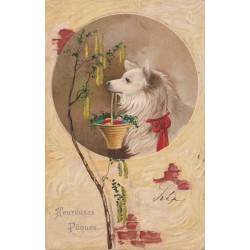 CARTE POSTALE VINTAGE - HEUREUSES PAQUES - CHIEN