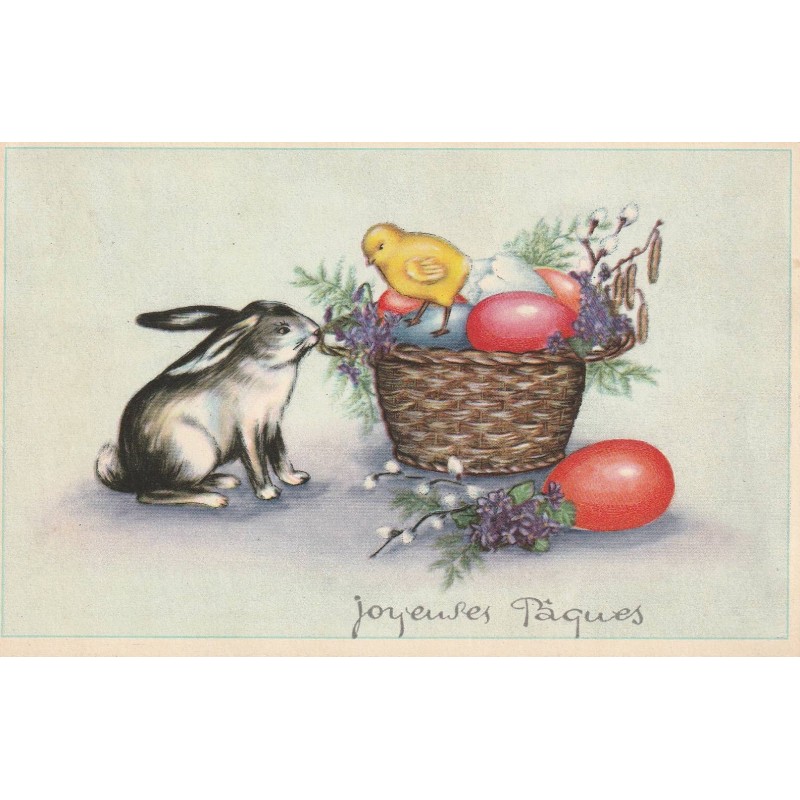 CARTE POSTALE VINTAGE - HEUREUSES PAQUES - LAPIN - POUSSIN