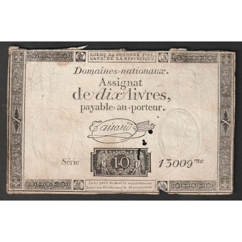 ASSIGNAT DE 10 LIVRES - 24/10/1792 - DOMAINES NATIONAUX - SERIE 13009