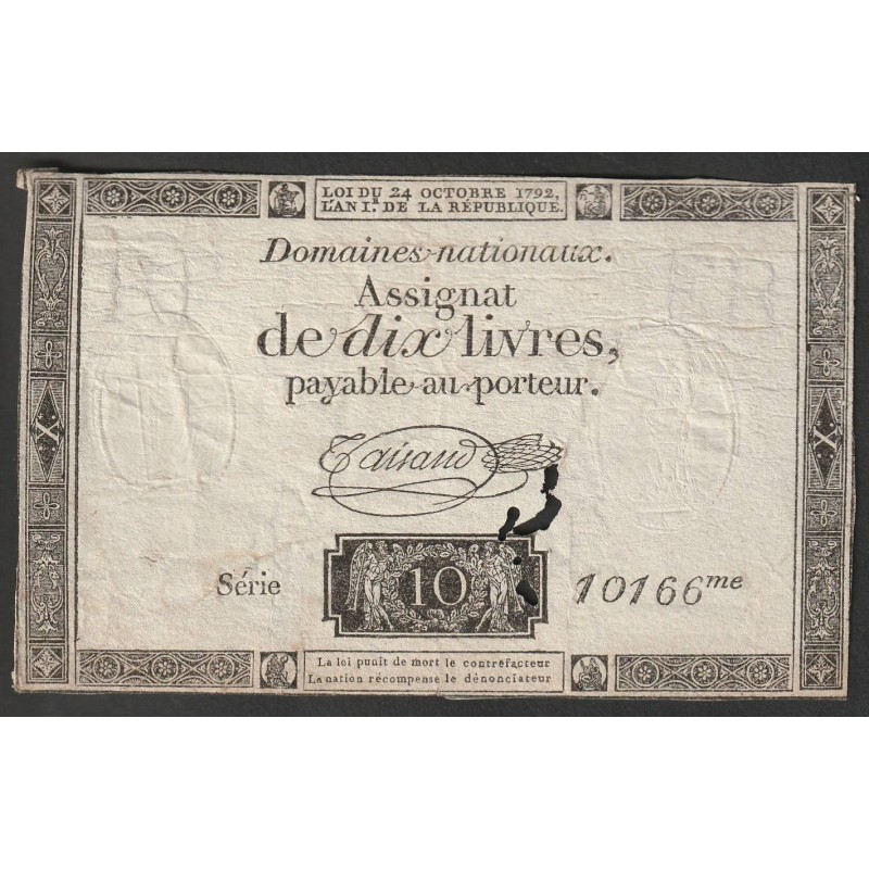 ASSIGNAT OF 10 LIVRES - 24/10/1792 - NATIONAL DOMAINS - 10166 SERIES