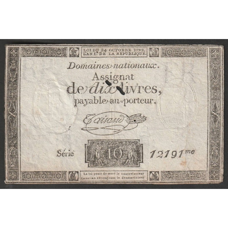 copy of ASSIGNAT OF 10 LIVRES - 24/10/1792 - NATIONAL DOMAINS - 12191SERIES