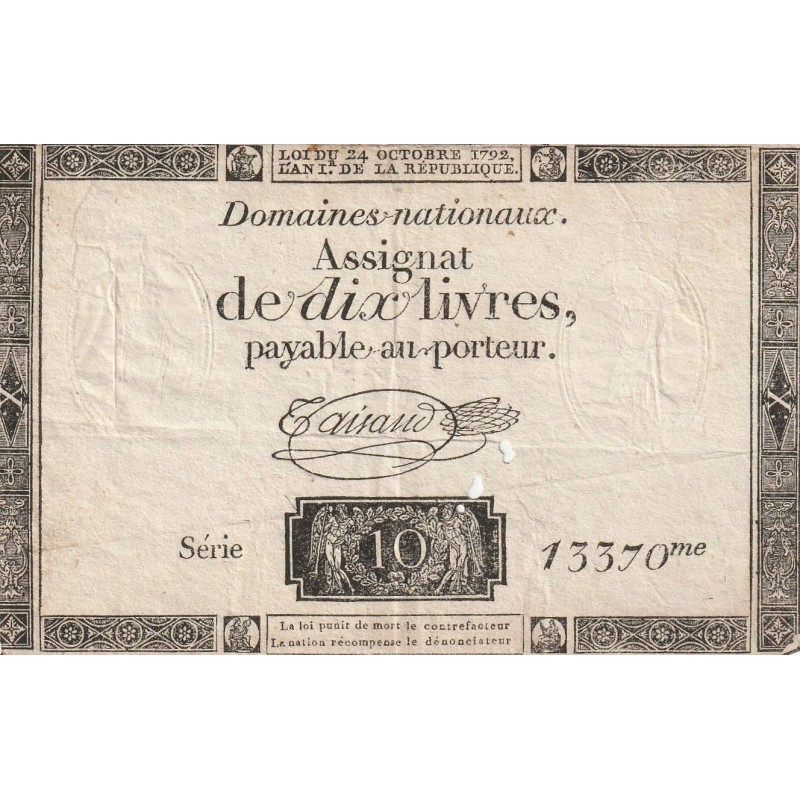 ASSIGNAT OF 10 LIVRES - 24/10/1792 - NATIONAL DOMAINS - 13370 SERIES