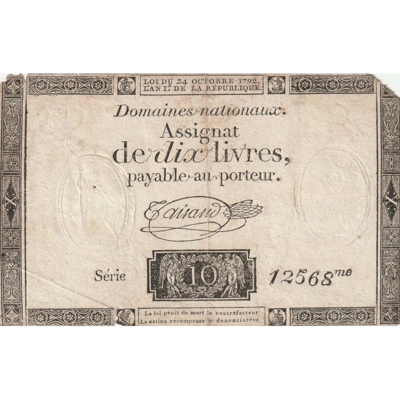 ASSIGNAT OF 10 LIVRES - 24/10/1792 - NATIONAL DOMAINS - 12568 SERIES