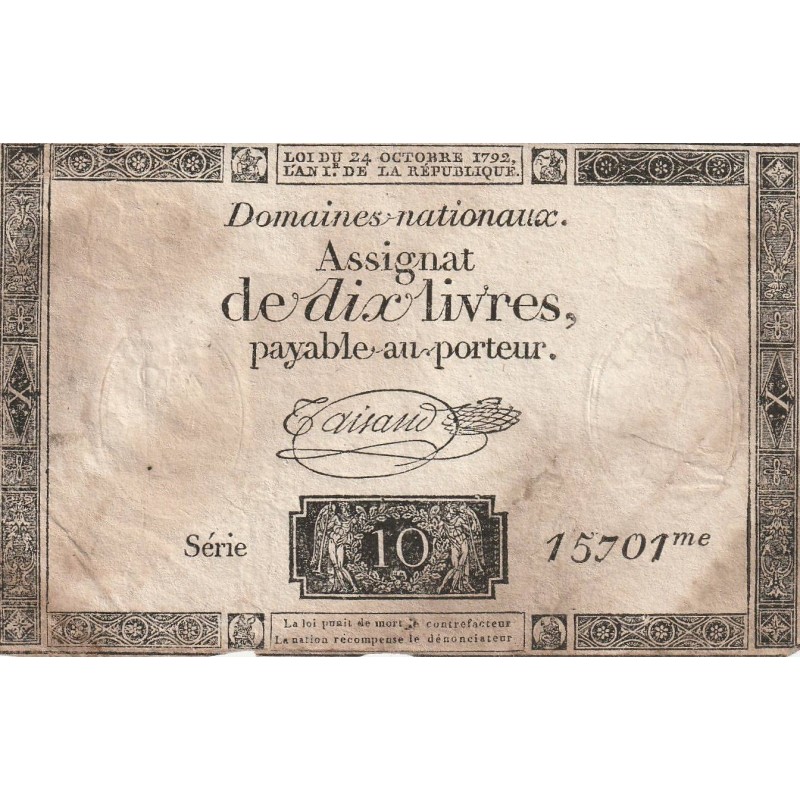 ASSIGNAT OF 10 LIVRES - 24/10/1792 - NATIONAL DOMAINS - 15701 SERIES