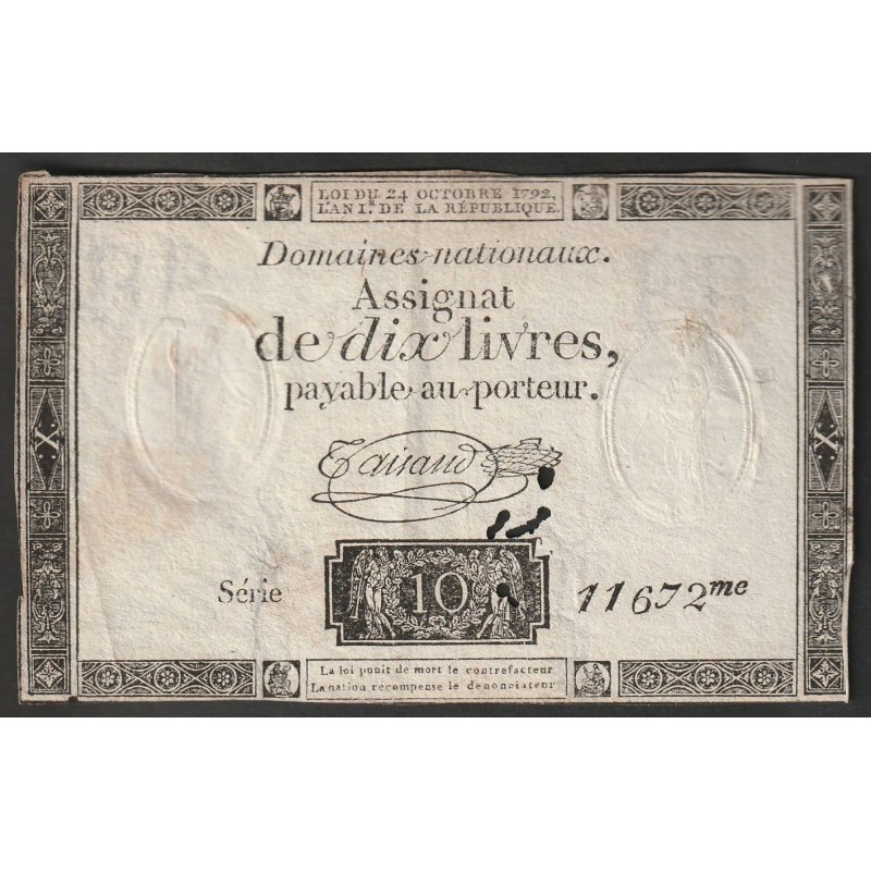 ASSIGNAT OF 10 LIVRES - 24/10/1792 - NATIONAL DOMAINS - 11672 SERIES