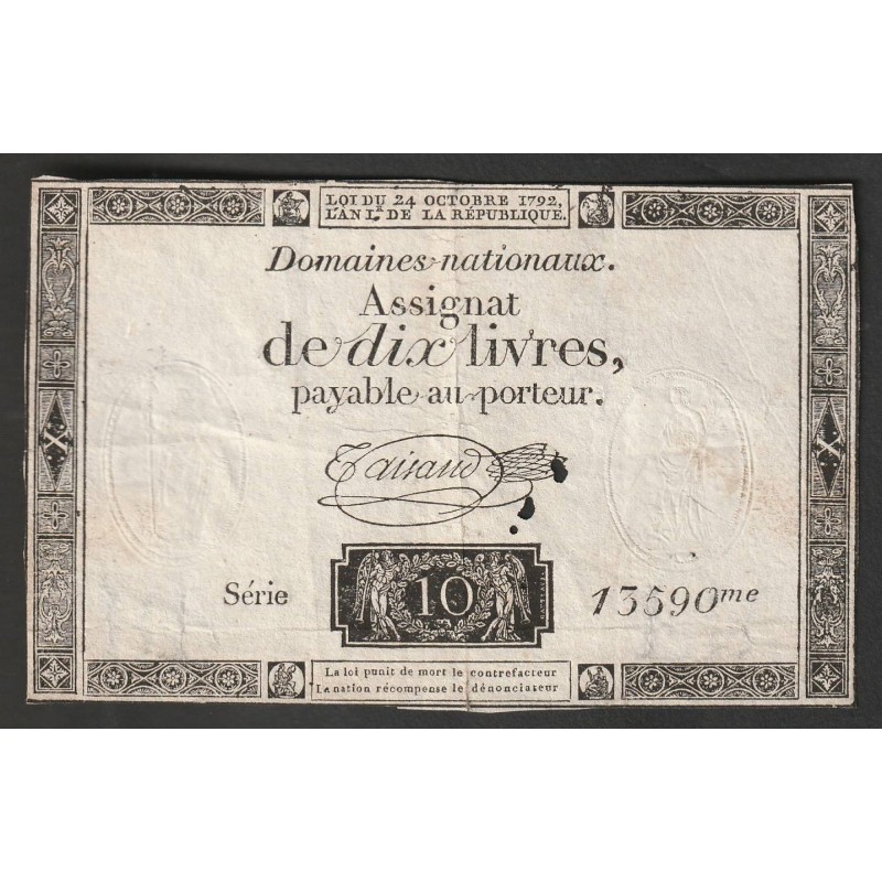 ASSIGNAT DE 10 LIVRES - 24/10/1792 - DOMAINES NATIONAUX - SERIE 13590