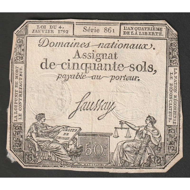 ASSIGNAT DE 50 SOLS - 04/01/1792 - DOMAINES NATIONAUX - SERIE 861