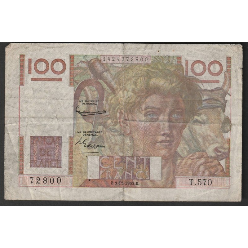 FRANKREICH - PICK 128 - 100 FRANCS JEUNE PAYSAN - 03/12/1953 - T.570