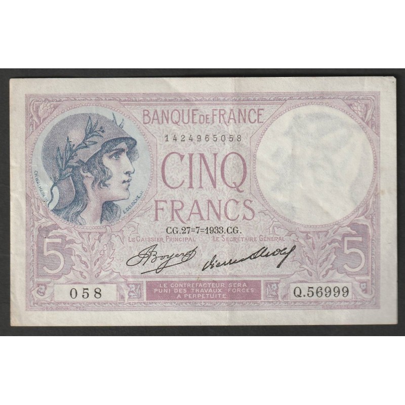 FRANCE - PICK 72 - 5 FRANCS VIOLET - 07/09/1933 - Q.56999