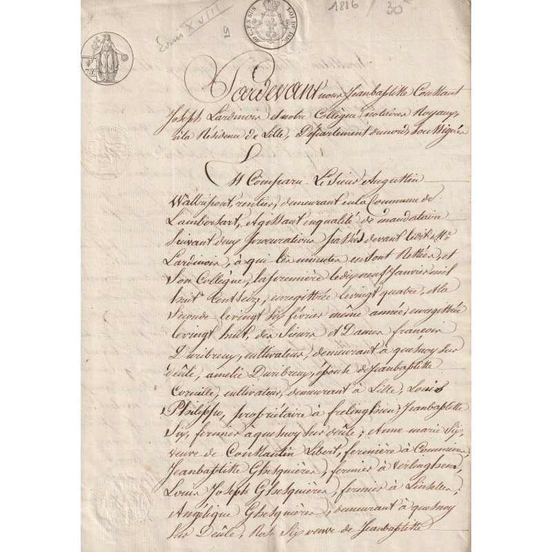 OLD DOCUMENT - YEAR 1816 - WRITTEN DURING THE REIGN OF LOUIS XVIII