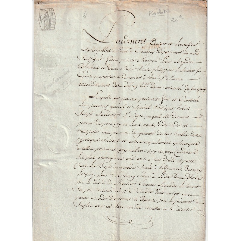 ANCIEN DOCUMENT - VENDEMIAIRE - AN XIV - RÉDIGÉ PENDANT LA REVOLUTION FRANCAISE