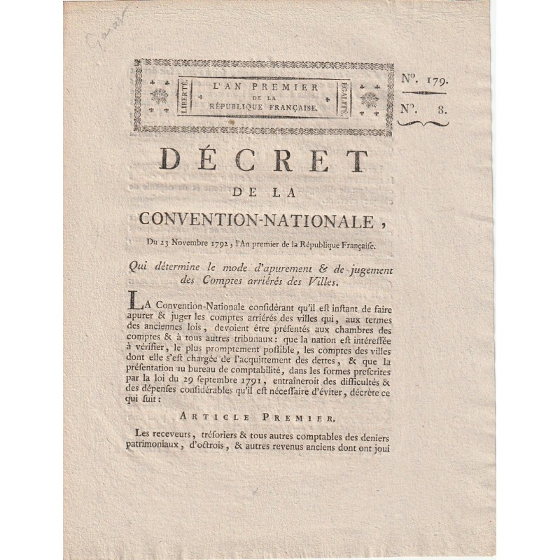 ANCIEN DOCUMENT - DÉCRET DE LA CONVENTION NATIONALE DU 23 NOVEMBRE 1792 - COMPTES ARRIÉRÉS DES VILLES - PAR MONGE ET GARAT