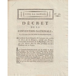 ANCIEN DOCUMENT - DÉCRET DE LA CONVENTION NATIONALE DU 26 NOVEMBRE 1792 - SUR LES ÉMIGRÉS - PAR MONGE ET GARAT