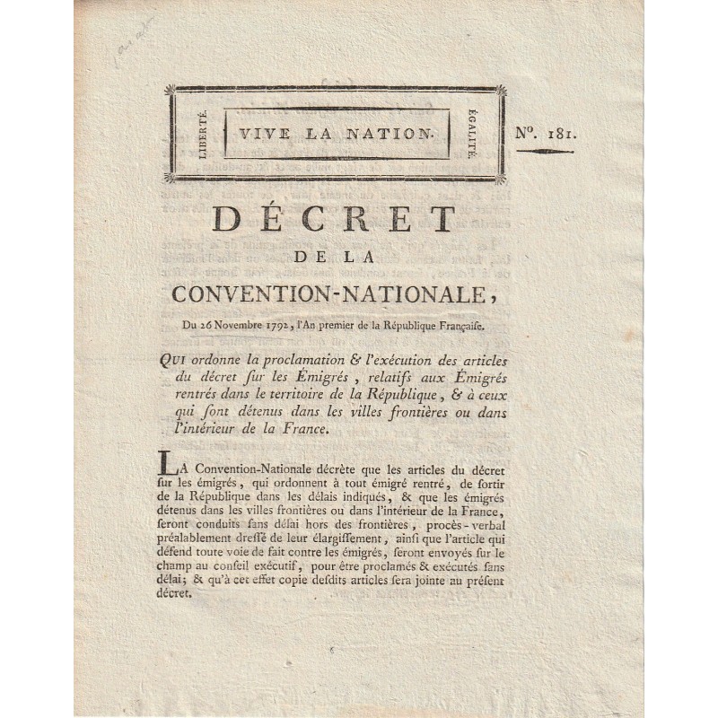 ALTES DOKUMENT – BESCHLUSS DER NATIONALKONVENTION VOM 26. NOVEMBER 1792 – ÜBER AUSWANDERER – VON MONGE ET GARAT