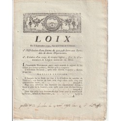 OLD DOCUMENT - LAW OF SEPTEMBER 8, 1792 - ASSISTANCE FOR FIRES AND CREATION OF A CORPS OF LIGHT TROOPS