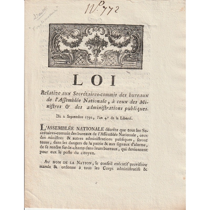 ANCIEN DOCUMENT - LOI DU 2 SEPTEMBRE 1792 - RELATIVE AUX SECRÉTAIRES COMMIS DES BUREAUX DE L'ASSEMBLÉE NATIONALE