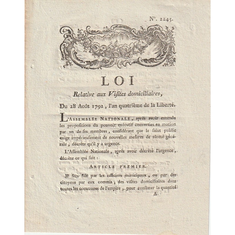 ANCIEN DOCUMENT - LOI DU 28 AOUT 1792 - RELATIVE AUX VISITES DOMICILIAIRES