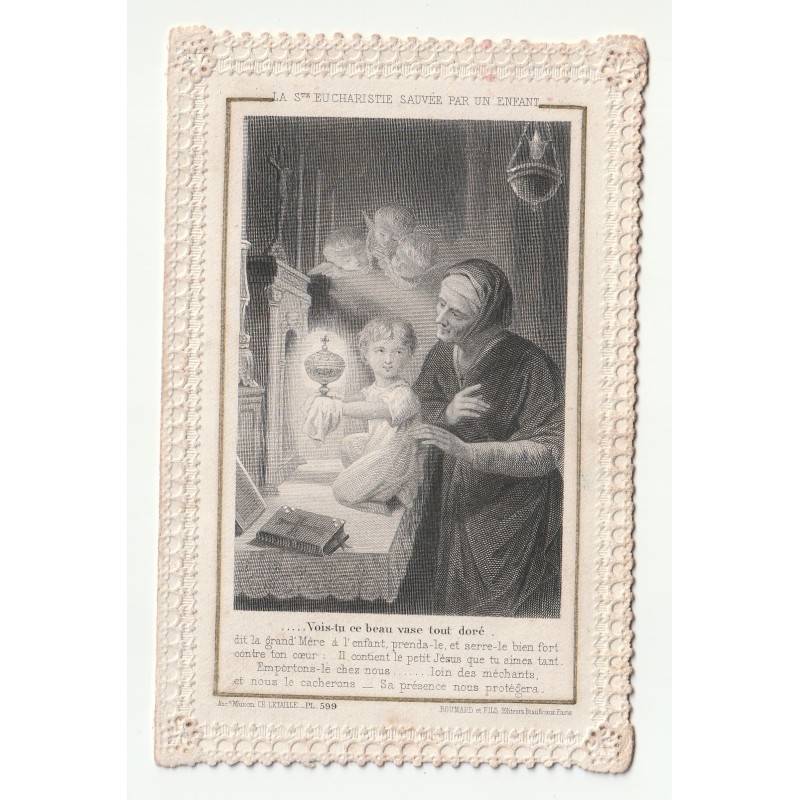 Pious IMAGE - THE HOLY EUCHARIST SAVED BY A CHILD - LACE - MEMORY OF 1ST COMMUNION - JUNE 3, 1956