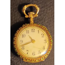 LADY'S POCKET WATCH - 18 K GOLD - ADORNED WITH FLORAL ENAMELS AND A DIAMOND - 23.62 g with mechanism