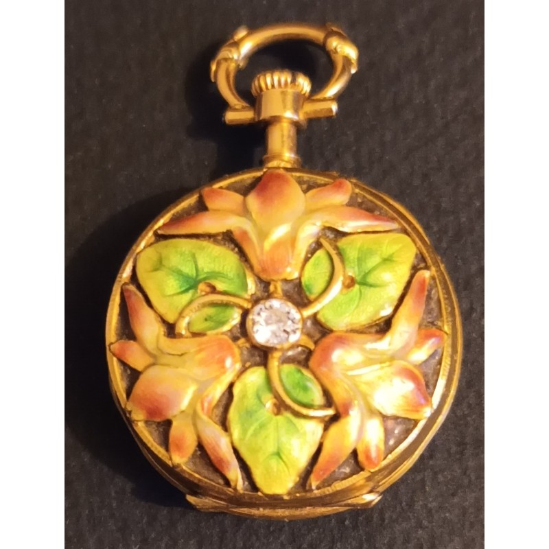 LADY'S POCKET WATCH - 18 K GOLD - ADORNED WITH FLORAL ENAMELS AND A DIAMOND - 23.62 g with mechanism