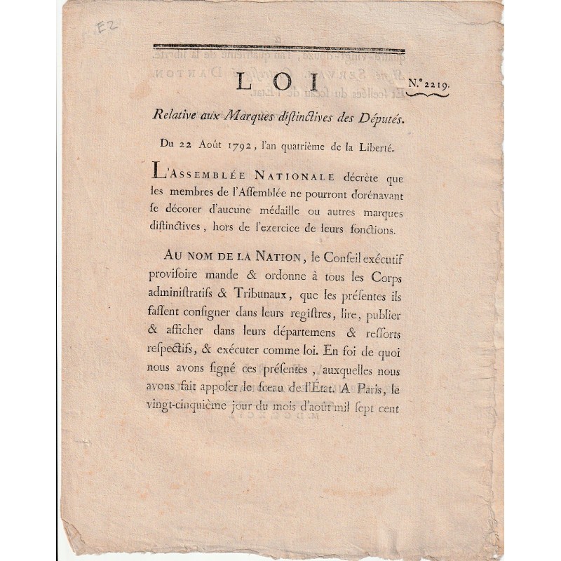 ALTES DOKUMENT – GESETZ VOM 22. AUGUST 1792 – FÜR VERWALTUNGSBEHÖRDEN UND GERICHTE – VON DANTON