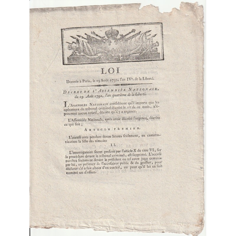 ALTES DOKUMENT – GESETZ VOM 19. AUGUST 1792 – DOUAI – UNTERZEICHNET LAGARDE