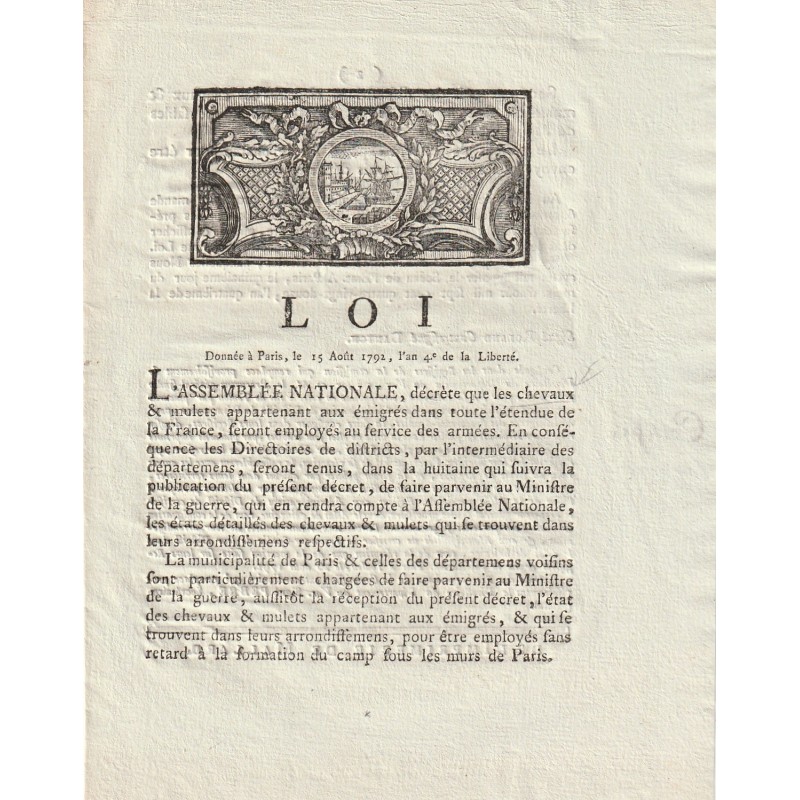 OLD DOCUMENT - LAW OF AUGUST 15, 1792 - FOR THE DEFENSE OF PARIS - SIGNED DANTON