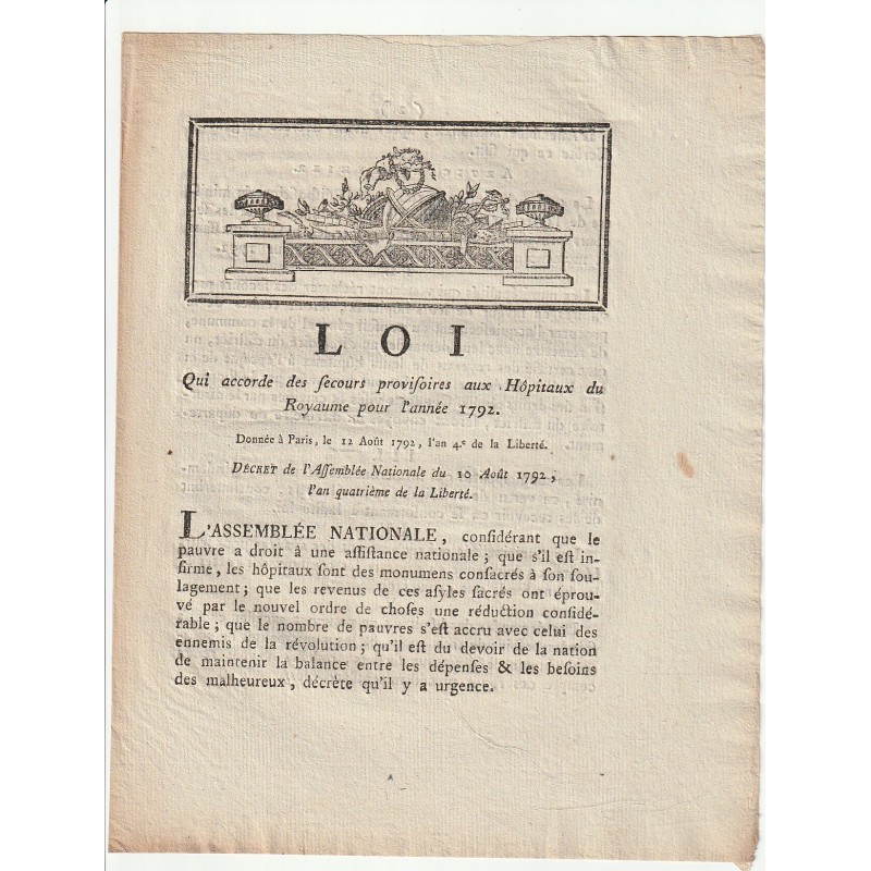 ALTES DOKUMENT – GESETZ VOM 12. AUGUST 1792 – FÜR KRANKENHÄUSER IM KÖNIGREICH – UNTERZEICHNET VON DANTON