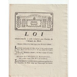 ANCIEN DOCUMENT - LOI DU 5 AOUT 1792 - RELATIVE AUX GUIDES DE L'ARMÉE DU MIDI - PAR DEJOLLY, PEBRE POUR LE ROI