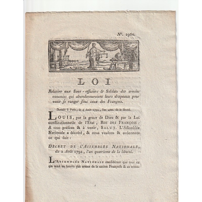 ANCIEN DOCUMENT - LOI DU 3 AOUT 1792 - SOLDATS ENNEMIS QUI REJOIGNENT L'ARMÉE FRANCAISE