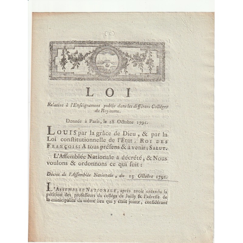 OLD DOCUMENT - LAW OF OCTOBER 28, 1791 - PUBLIC EDUCATION - BY LOUIS XVI ET DU PORT