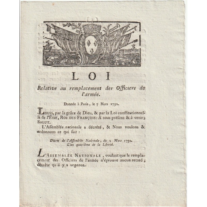 ANCIEN DOCUMENT - LOI DU 18 MARS 1792 - REMPLACEMENT DES OFFICIERS DE L'ARMÉE - SIGNÉ LOUIS XVI ET DU PORT