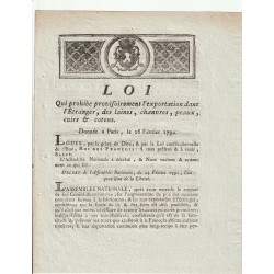 ALTES DOKUMENT – GESETZ VOM 26. FEBRUAR 1792 – GEGEN DIE AUSFUHR VON WOLLE, HANF, … – UNTERZEICHNET VON LOUIS XVI ET DU PORT