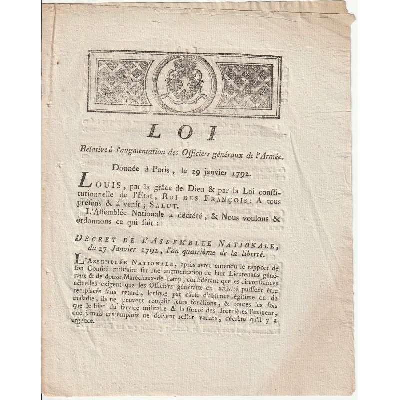 ANCIEN DOCUMENT - LOI DU 29 JANVIER 1792 - AUGMENTATION DES OFFICIERS GENERAUX - SIGNÉ LOUIS XVI ET DU PORT