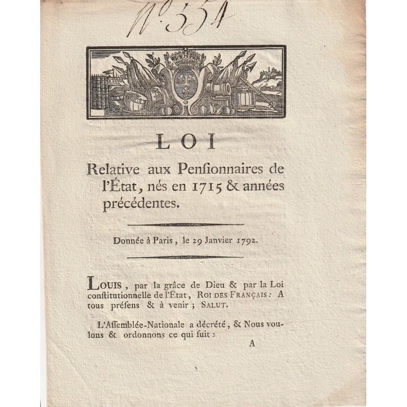 ANCIEN DOCUMENT - LOI DU 29 JANVIER 1792 - PENSIONNAIRES DE L'ETAT NES EN 1715 - SIGNÉ LOUIS XVI ET DU PORT