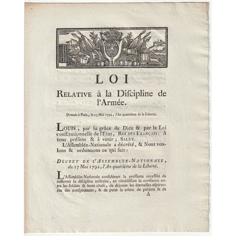 ALTES DOKUMENT – GESETZ VOM 23. MAI 1792 – ARMEE-DISZIPLIN – VON LUDWIG XVI. UND DURANTHON