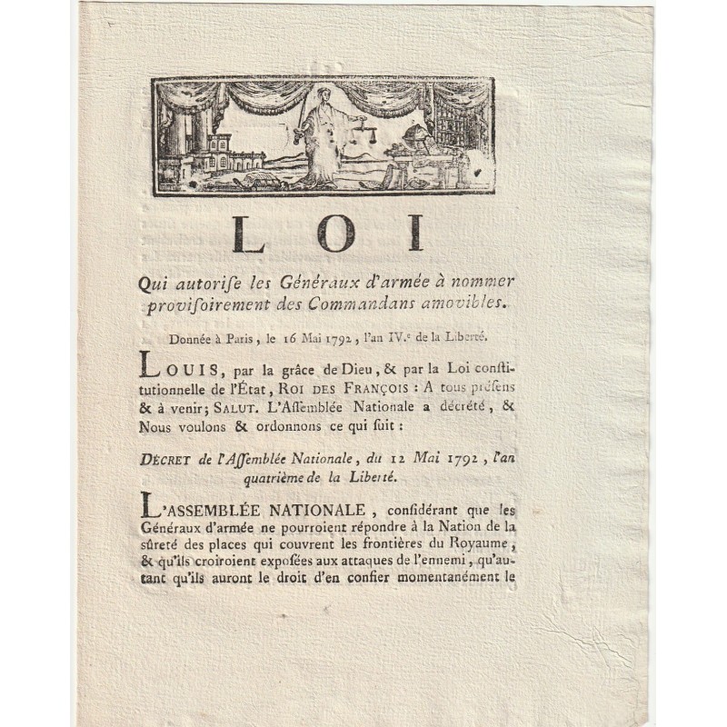 ALTES DOKUMENT – GESETZ VOM 12. MAI 1792 – SCHUTZ DER GRENZEN – VON LUDWIG XVI. UND DURANTHON