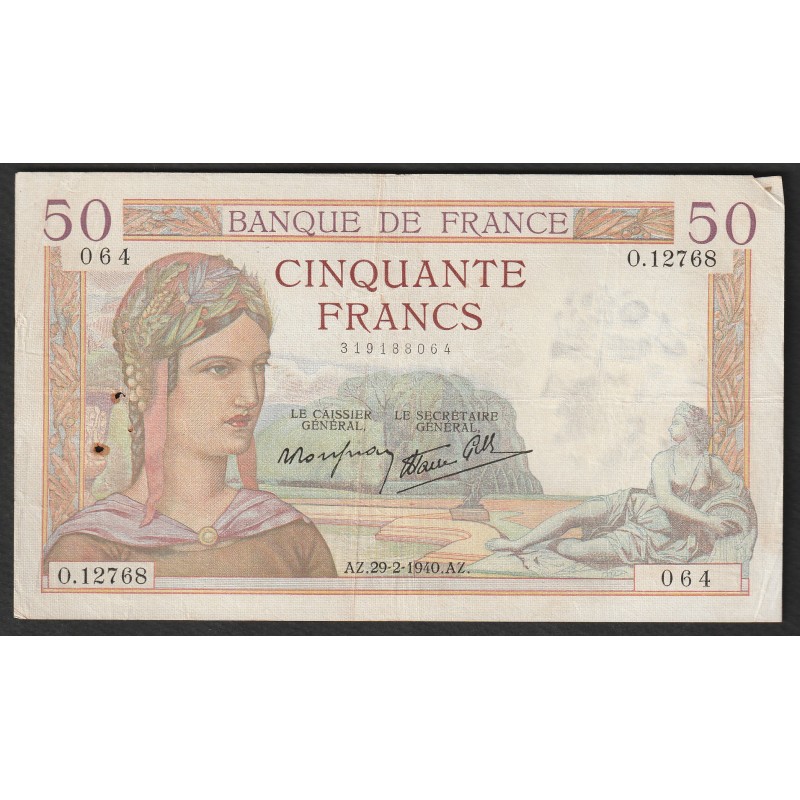 FAY 18/40 - 50 FRANCS CERES - TYPE 1933 - 29/02/1940 - PICK 85