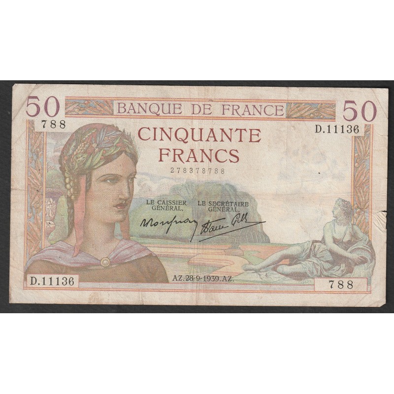 FRANCE - PICK  85 - 50 FRANCS CERES - TYPE 1933 - 28/09/1939