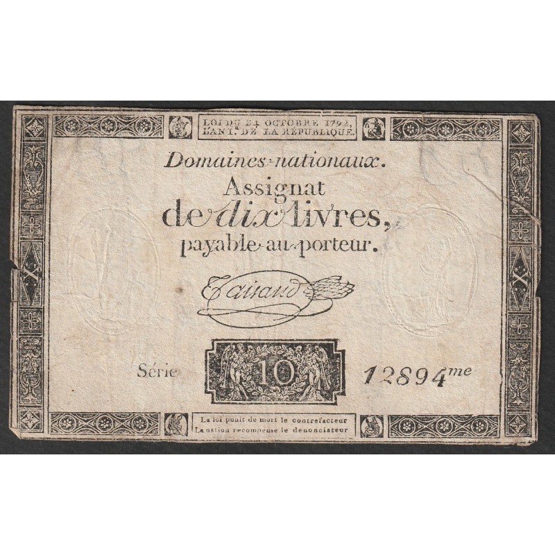 ASSIGNAT OF 10 LIVRES - 24/10/1792 - NATIONAL DOMAINS - 12894 SERIES