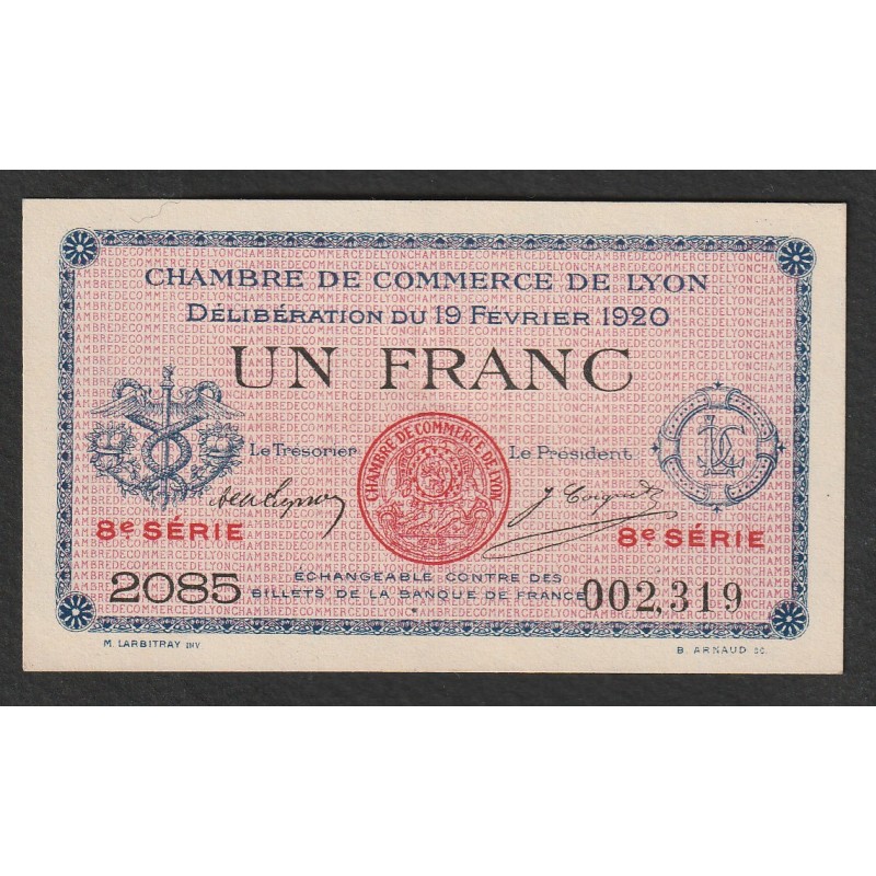 FRANKREICH - KOMITAT 69 – LYON – HANDELSKAMMER – 1 FRANK – 19.02.1920 BIS 31.12.1923