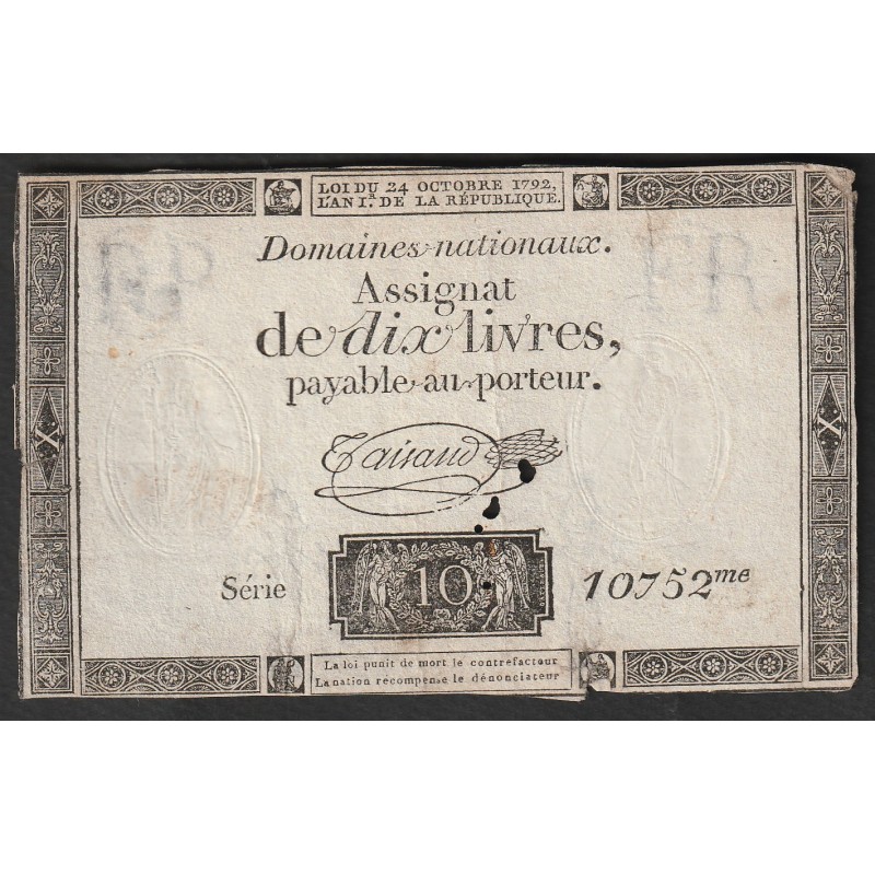 ASSIGNAT OF 10 LIVRES - 24/10/1792 - NATIONAL DOMAINS - 10752 SERIES